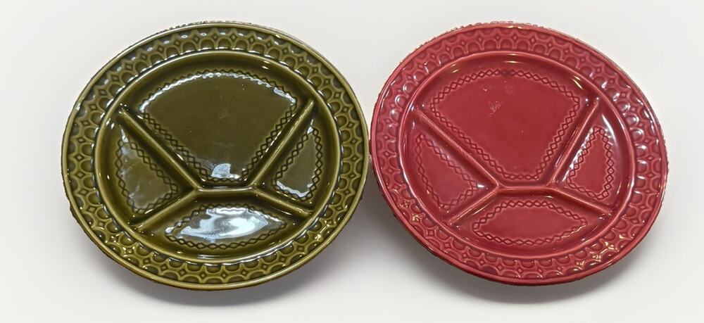 2 Vintage Mid-Century Sarreguemines France Pottery Divided Fondue Plates 9”